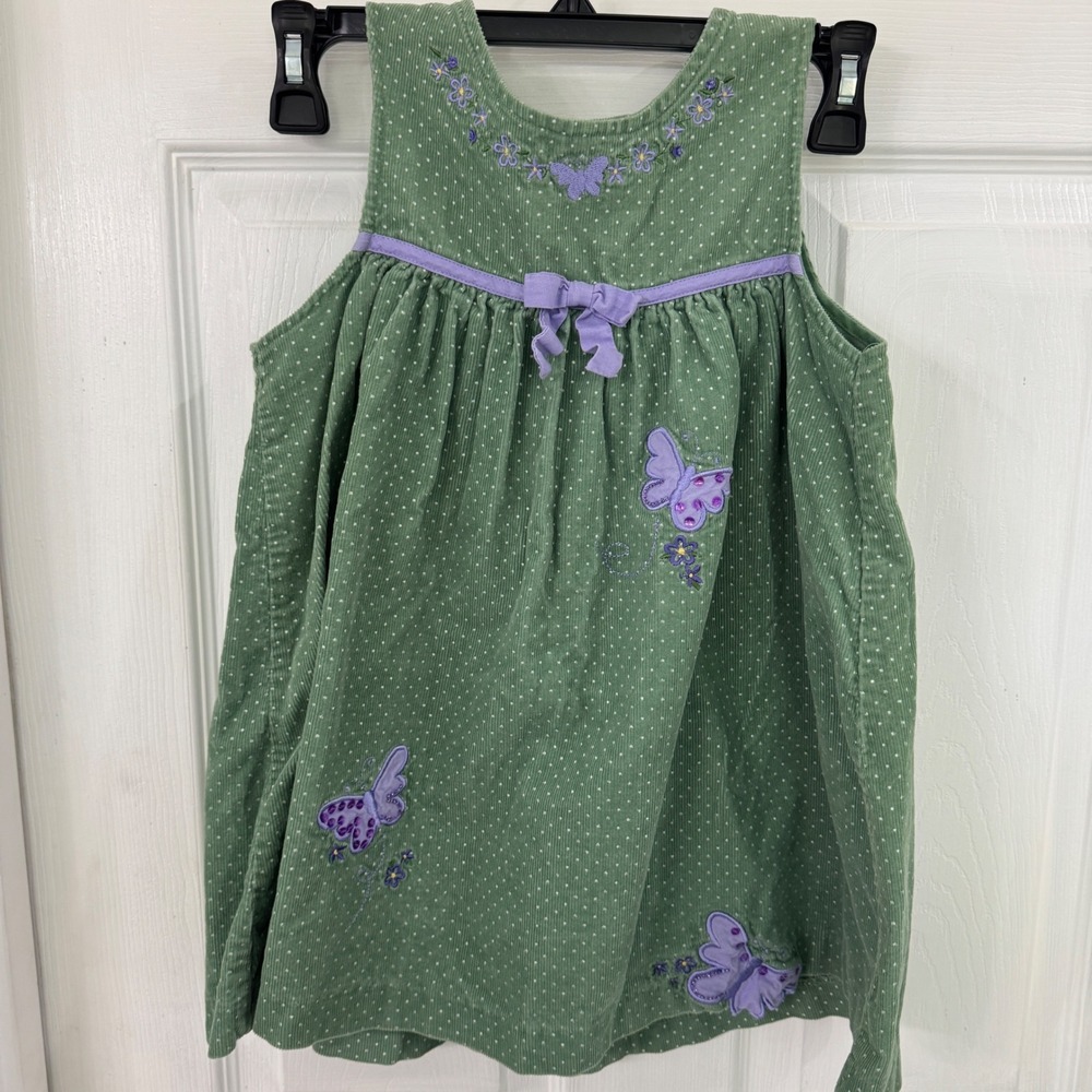 Rare Editions Girls Green Corduroy Butterfly Polka Dot Jumper Dress Size 5